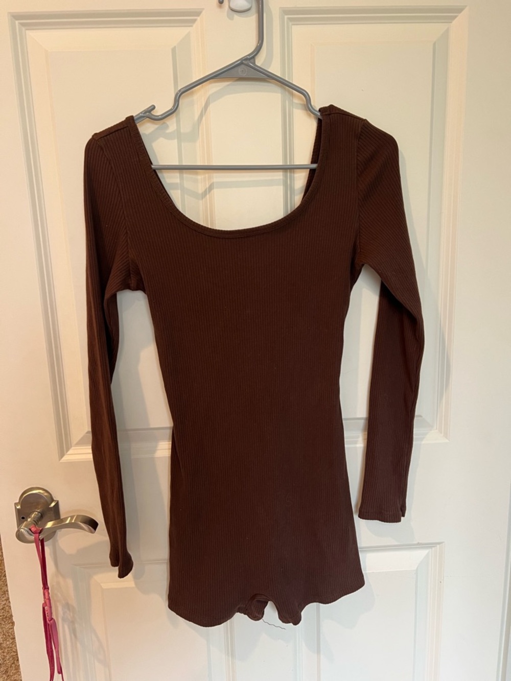 PINK Victoria's Secret Brown Ribbed Long-Sleeve Scoop-Neck Bodysuit